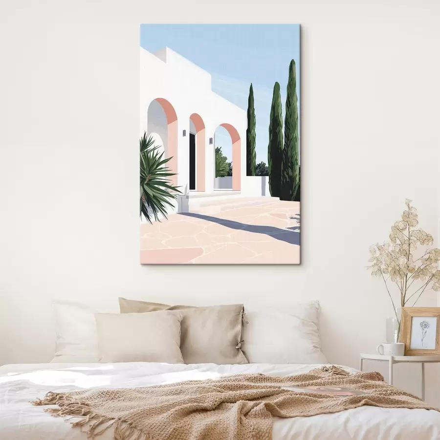 Glezna Balta villa ar arkām un tropu dārzu, Vidusjūras, plakanā stilā s44153