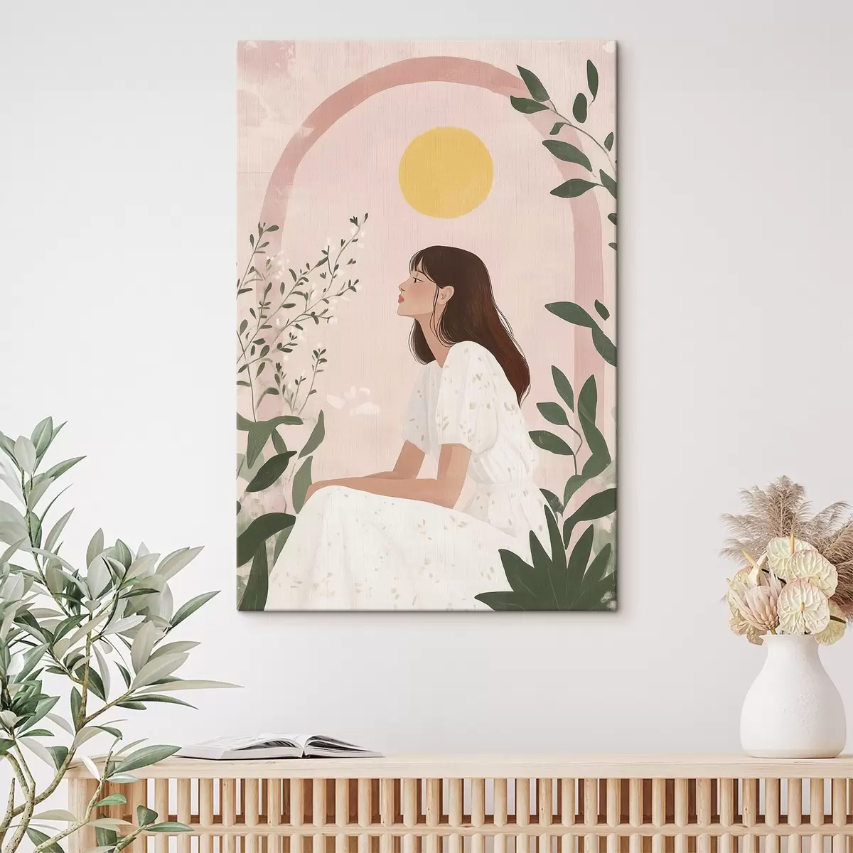 Glezna Skaista sieviete tropu dārzā, saule, pasteļtoņi s44155