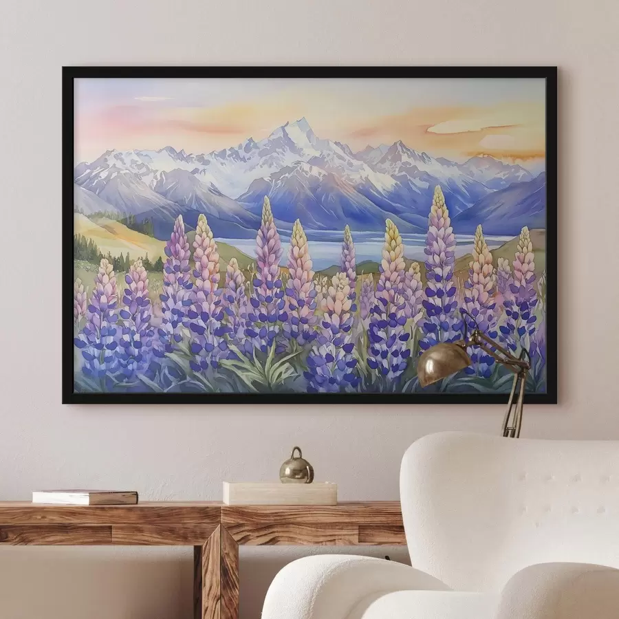 Fototapetes Lupīnu ziedi, pļava, kalni, akvareļu stilā, saulrieta debesis f44146