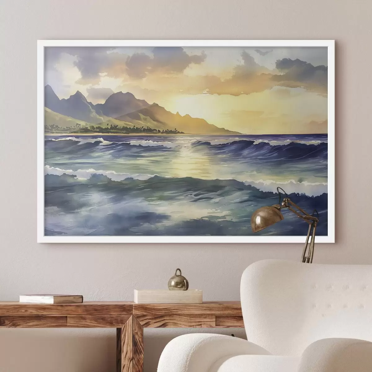 Plakāts Okeāna viļņi, saulriets, akvareļu stils, daba f44147