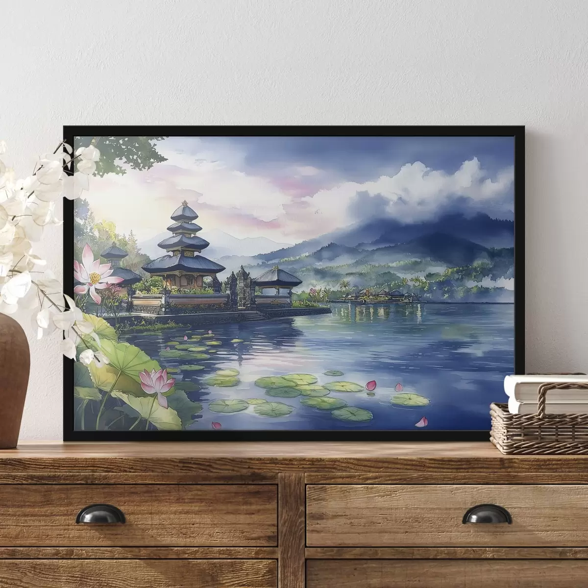 Plakāts Indonēzijas sala, templis, budisms, tropu daba, akvareļu stils f44148