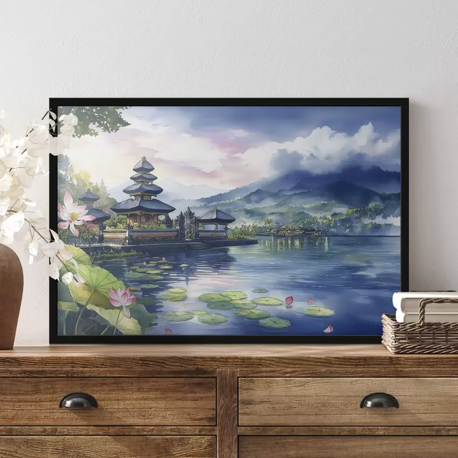 Fototapetes Indonēzijas sala, templis, budisms, tropu daba, akvareļu stils f44148