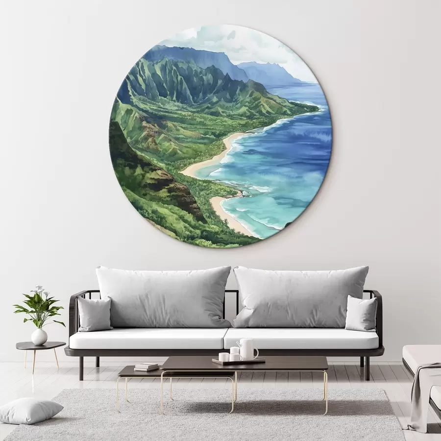 Glezna Zaļie kalni, Havaju salas, okeāns, tropu, akvareļu stilā r44143