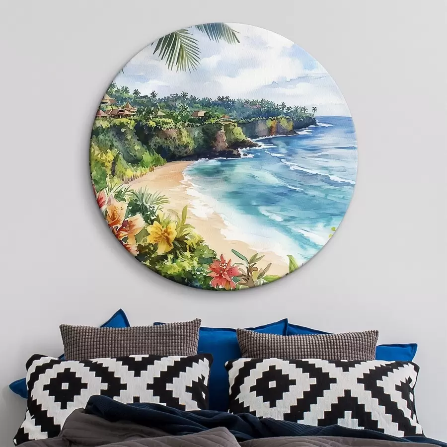 Glezna Tropu okeāna pludmale, palmas, ziedi, akvareļu stils r44145