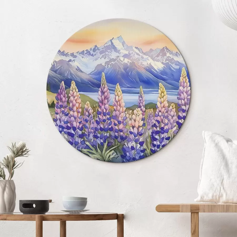 Glezna Lupīnu ziedi, pļava, kalni, akvareļu stilā, saulrieta debesis r44146