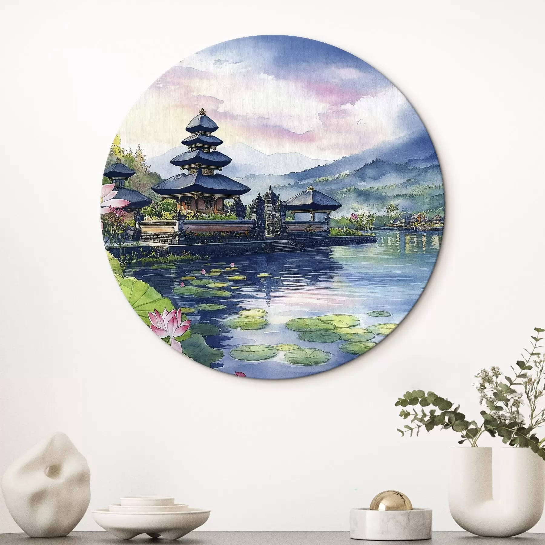 Glezna Indonēzijas sala, templis, budisms, tropu daba, akvareļu stils r44148