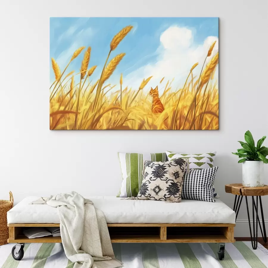 Glezna Kaķis laukā ar kviešu kātiem s44211