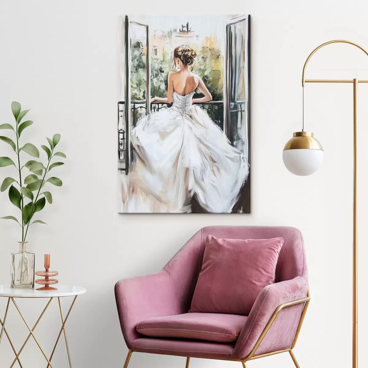 Glezna Meitene baltā kleitā uz balkona s44226