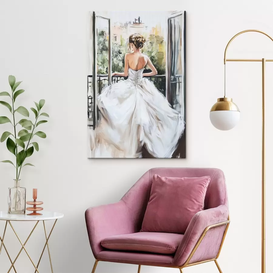 Glezna Meitene baltā kleitā uz balkona s44226