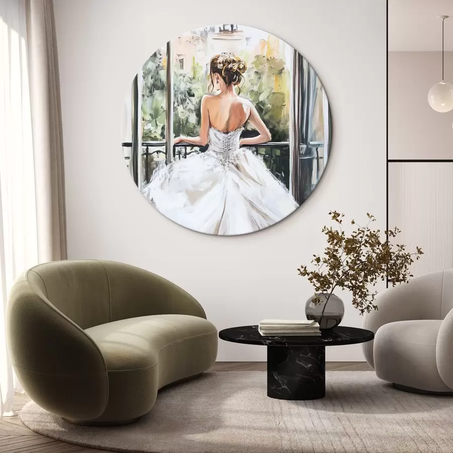 Glezna Meitene baltā kleitā uz balkona r44226