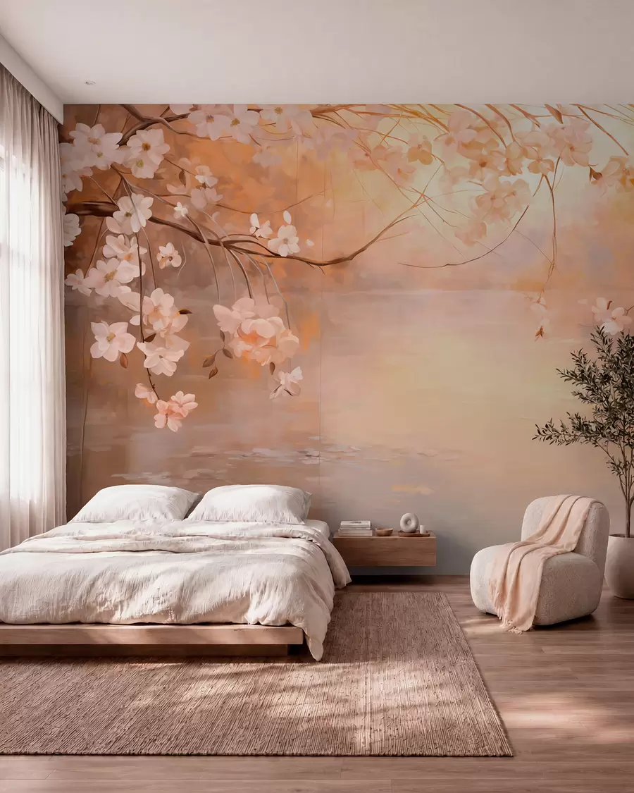 Fototapetes Abstraktā ainavu māksla ar ziedu zaru un baltiem ziediem, kas karājas virs ezera, maigas pasteļkrāsas w09046
