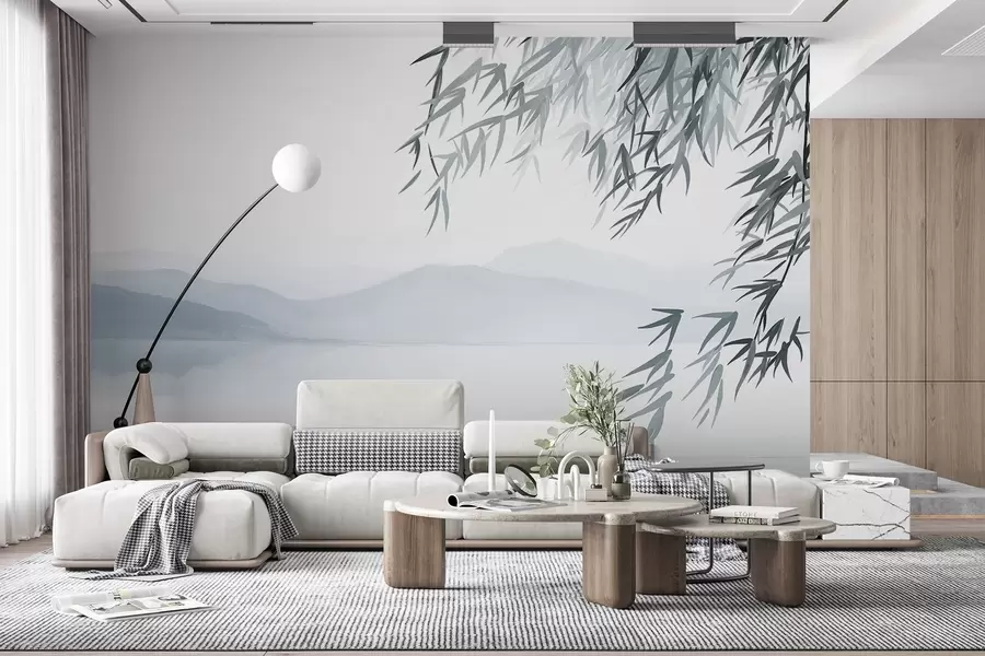 Fototapetes Bambusa lapas karājas virs ezera ar kalniem fonā, maigi zili un balti toņi, tintes mazgāšanas glezniecības stilā w09048