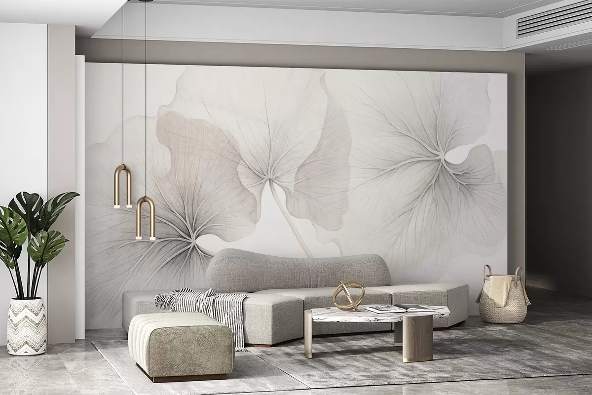 Fototapetes Trīs caurspīdīgas lapas ar redzamām dzīslām, ar trokšņainu tekstūru, kas nedaudz pārklājas, ar plāniem kātiņiem uz balta fona w09052