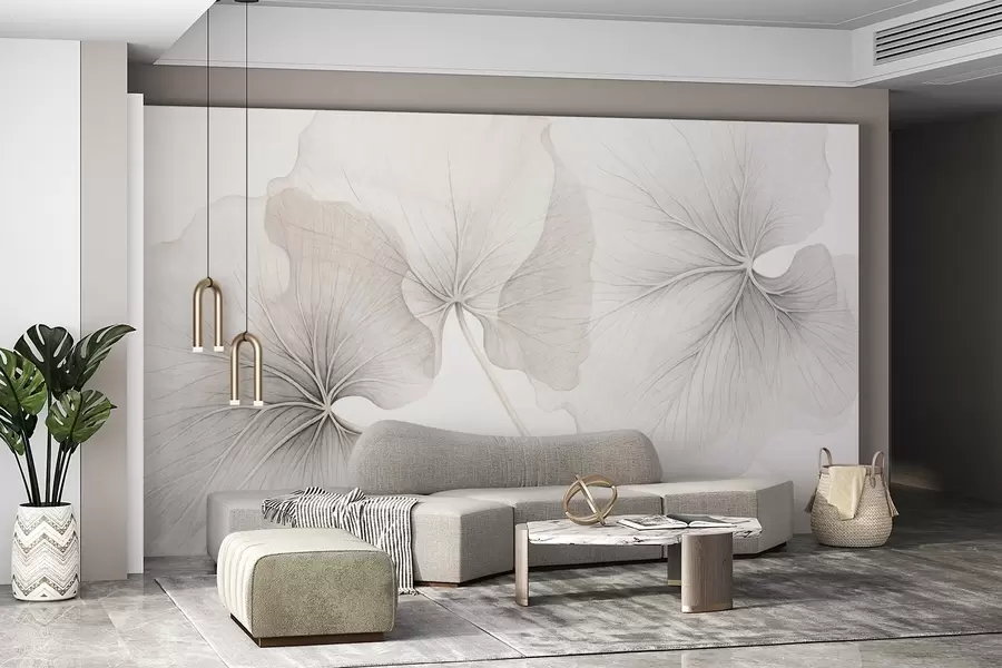 Fototapetes Trīs caurspīdīgas lapas ar redzamām dzīslām, ar trokšņainu tekstūru, kas nedaudz pārklājas, ar plāniem kātiņiem uz balta fona w09052