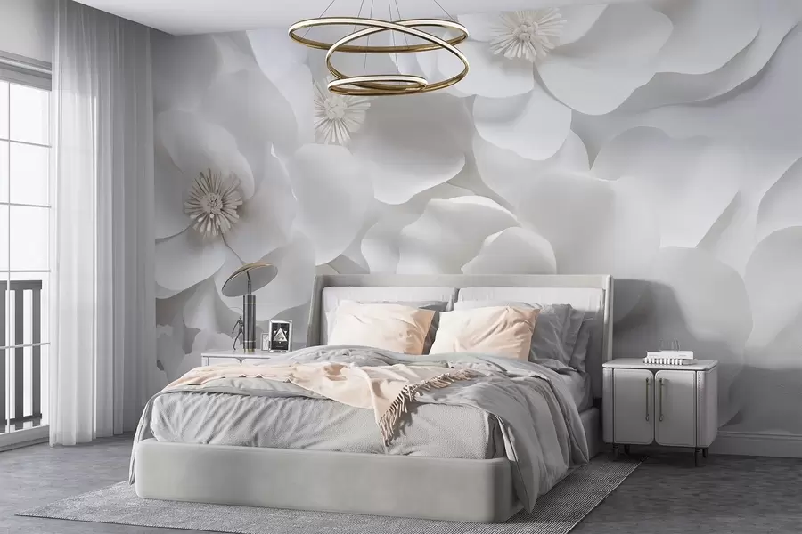 Fototapetes Balti ziedi ar maigām ziedlapiņām, kas sakārtoti blīvā kopiņā, radot tīrības un elegances sajūtu uz balta fona w09053