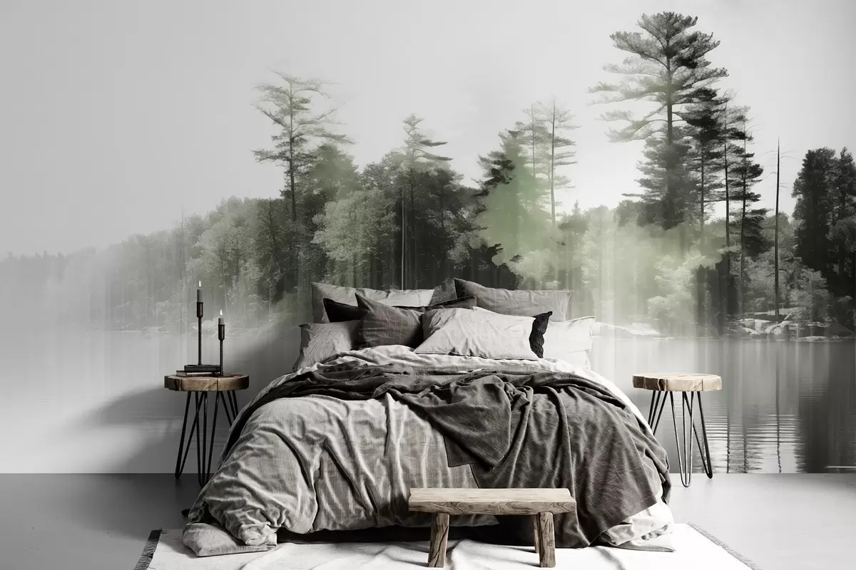 Fototapetes Abstrakti minimālisma minimālisma faktūras ainava ar ezeru un koku atspulgiem ūdenī zaļos un baltos toņos w09058