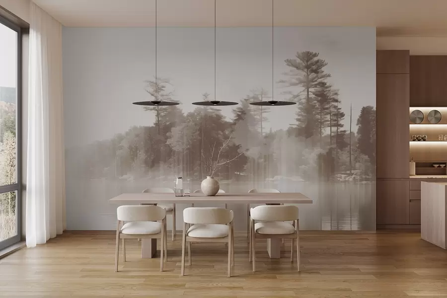 Fototapetes Abstrakti minimālisma minimālisma faktūras ainava ar ezeru un koku atspulgiem ūdenī bēšos un baltos toņos w09058v1