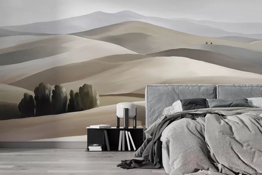 Fototapetes Ainavas ar kokiem, Toskāna, smilškrāsas un pelēkas krāsas, eļļas stils w03880v1