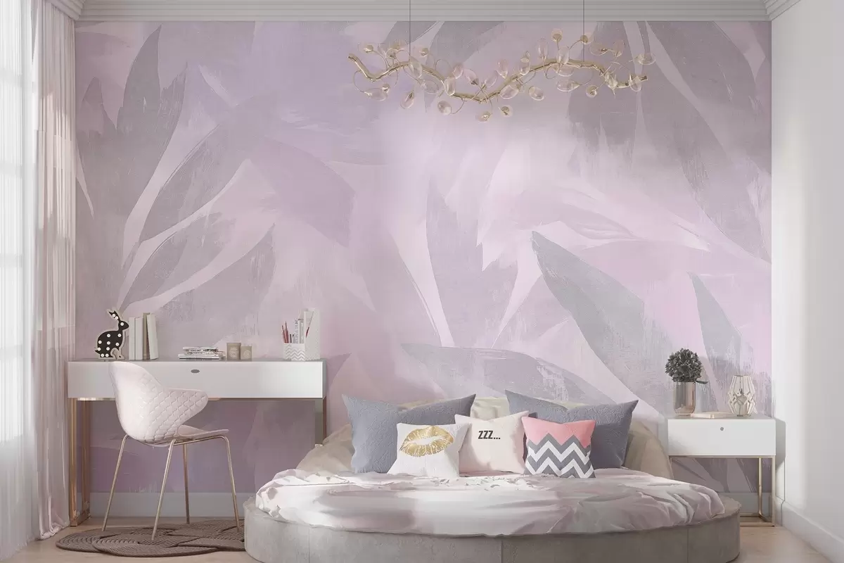 Fototapetes Tropu lapas, ziedu, palmas, pasteļstils, violetas krāsas w03881v1