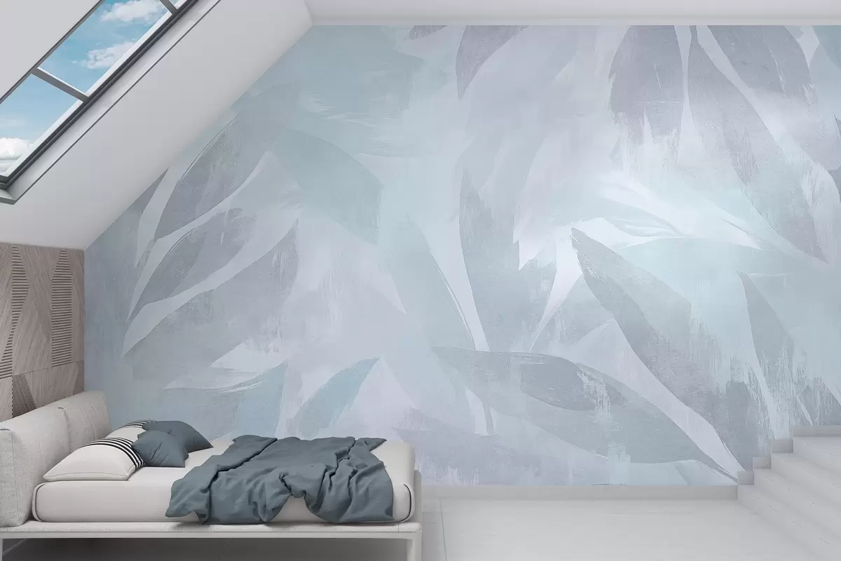 Fototapetes Tropu lapas, ziedu, palmas, pasteļstils, zilas krāsas w03881v2