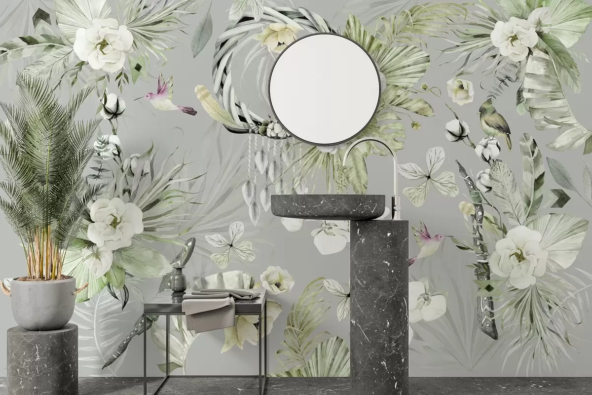 Fototapetes Boho stila ornaments ar peoniju ziediem un putniem, akvareļu stilā, zaļā krāsā w03885v2