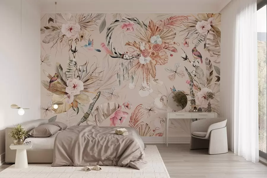 Fototapetes Boho stila ornaments ar peoniju ziediem un putniem, akvareļa stilā, maigas krāsas w03885v3