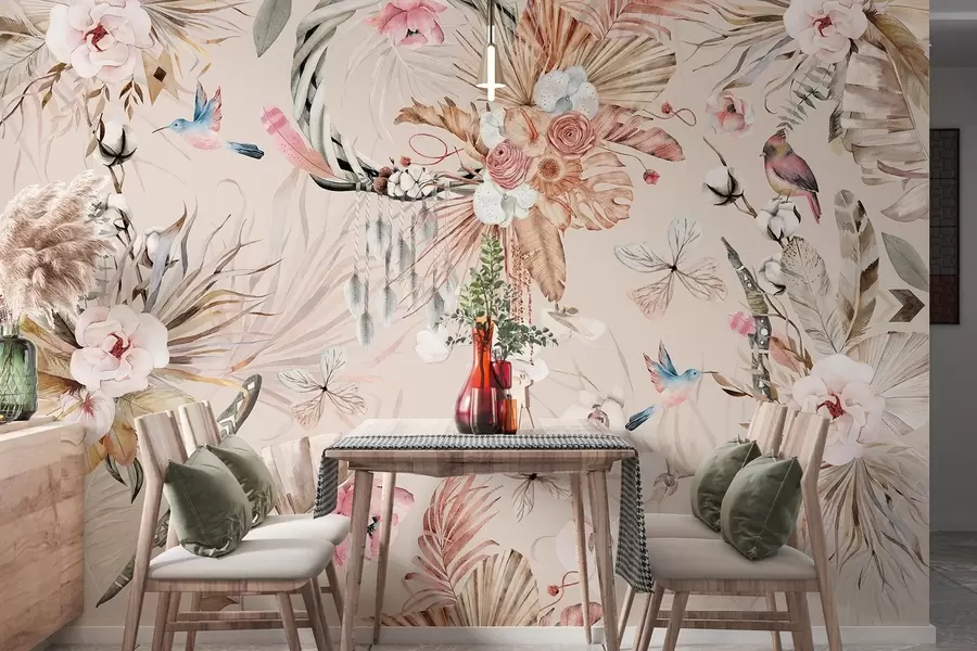 Fototapetes Boho stila ornaments ar peoniju ziediem un putniem, akvareļa stilā, maigas krāsas w03885v3