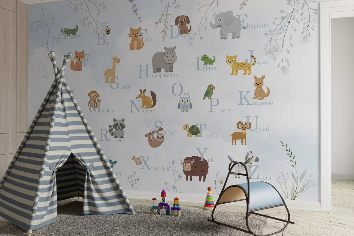 Fototapetes Alfabēts ar ziliem burtiem, augiem un debesīm w03809v1