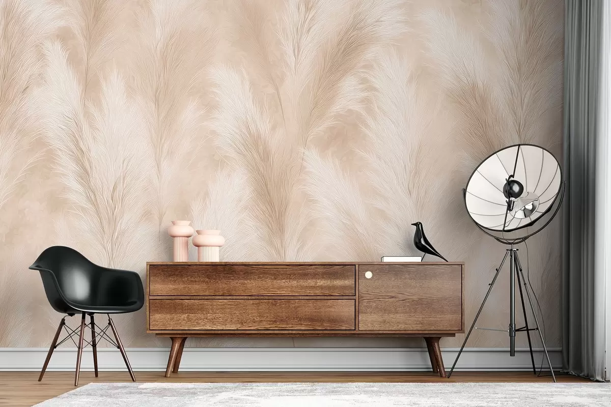 Fototapetes Pampasa zāle bēšos un rozā toņos w09077