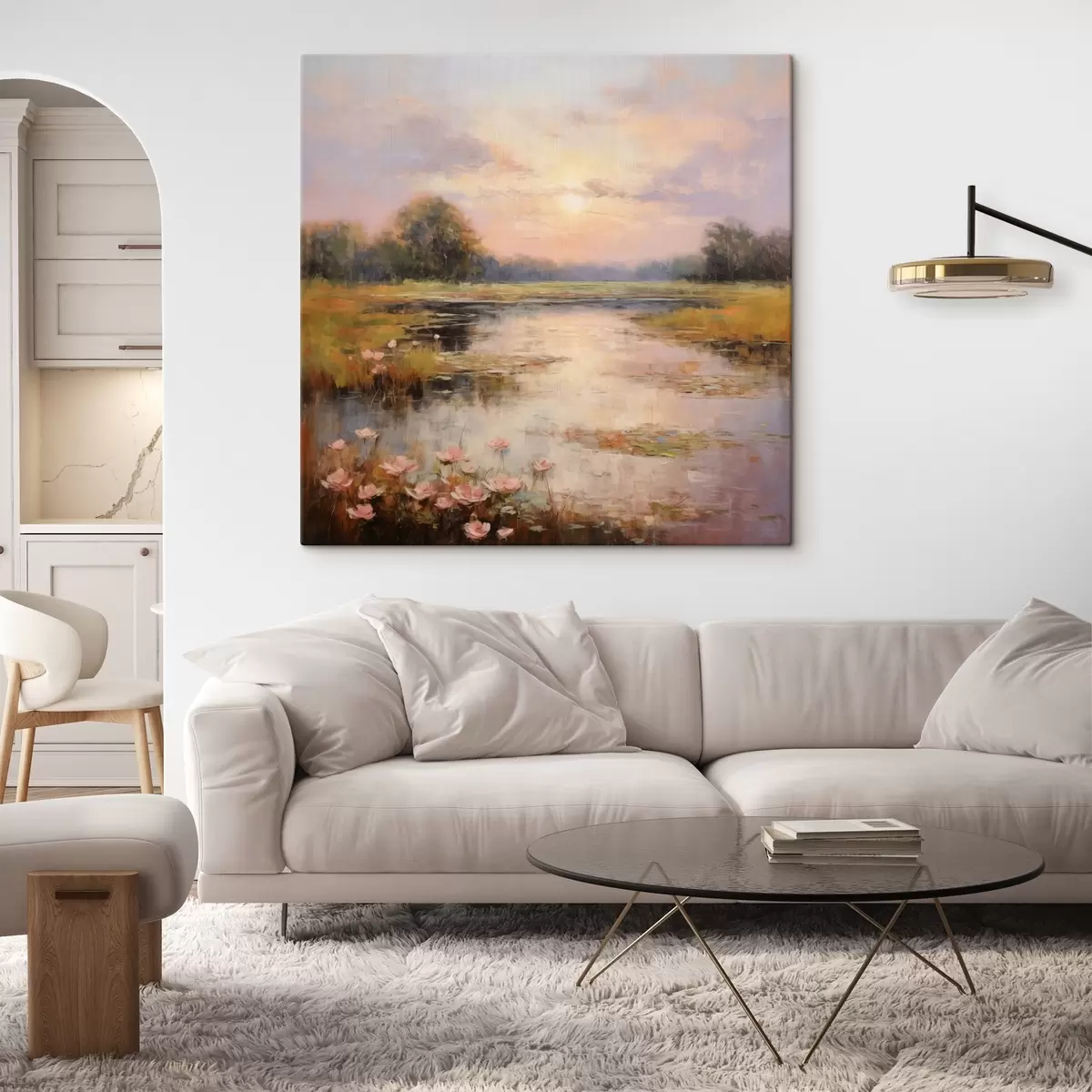Glezna Ūdenstilpe ar ziediem saulrieta laikā s44044
