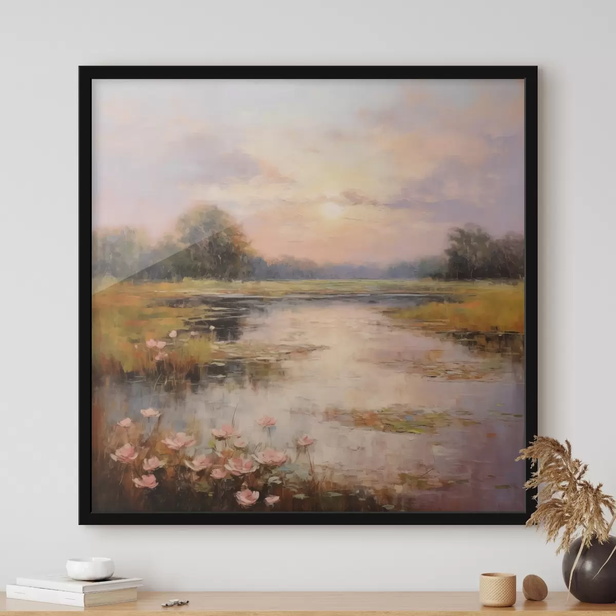 Plakāts Ūdenstilpe ar ziediem saulrieta laikā f44044
