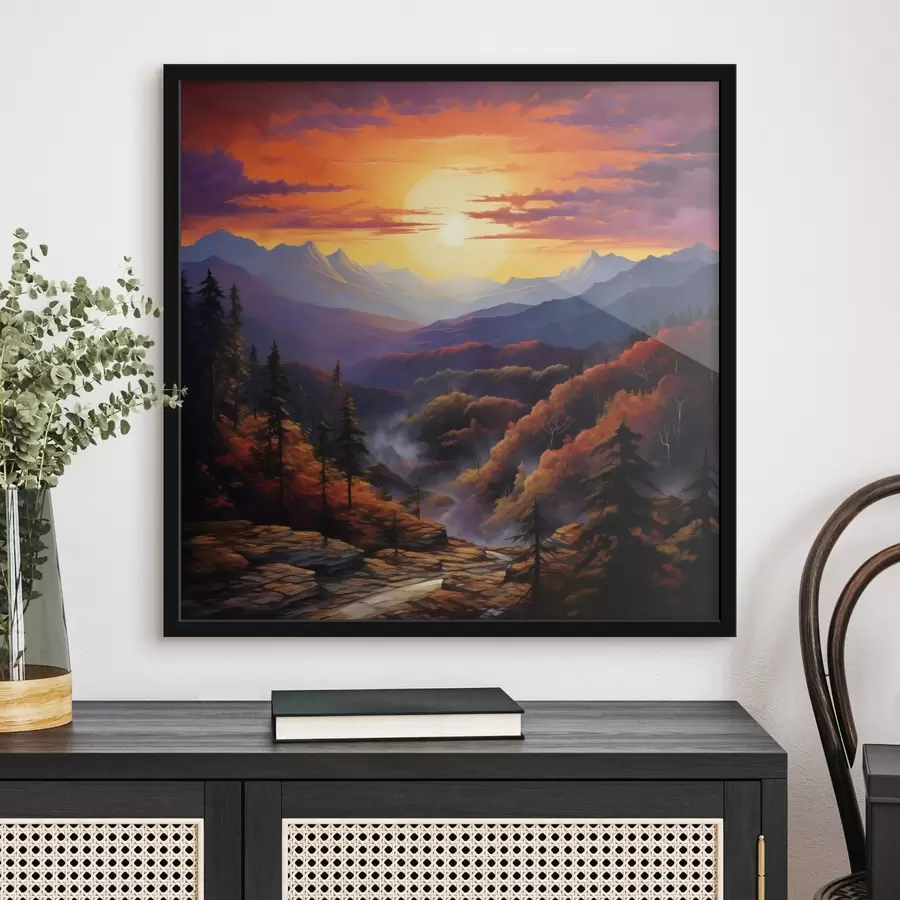 Fototapetes Mežs un kalni saulrieta laikā f44045