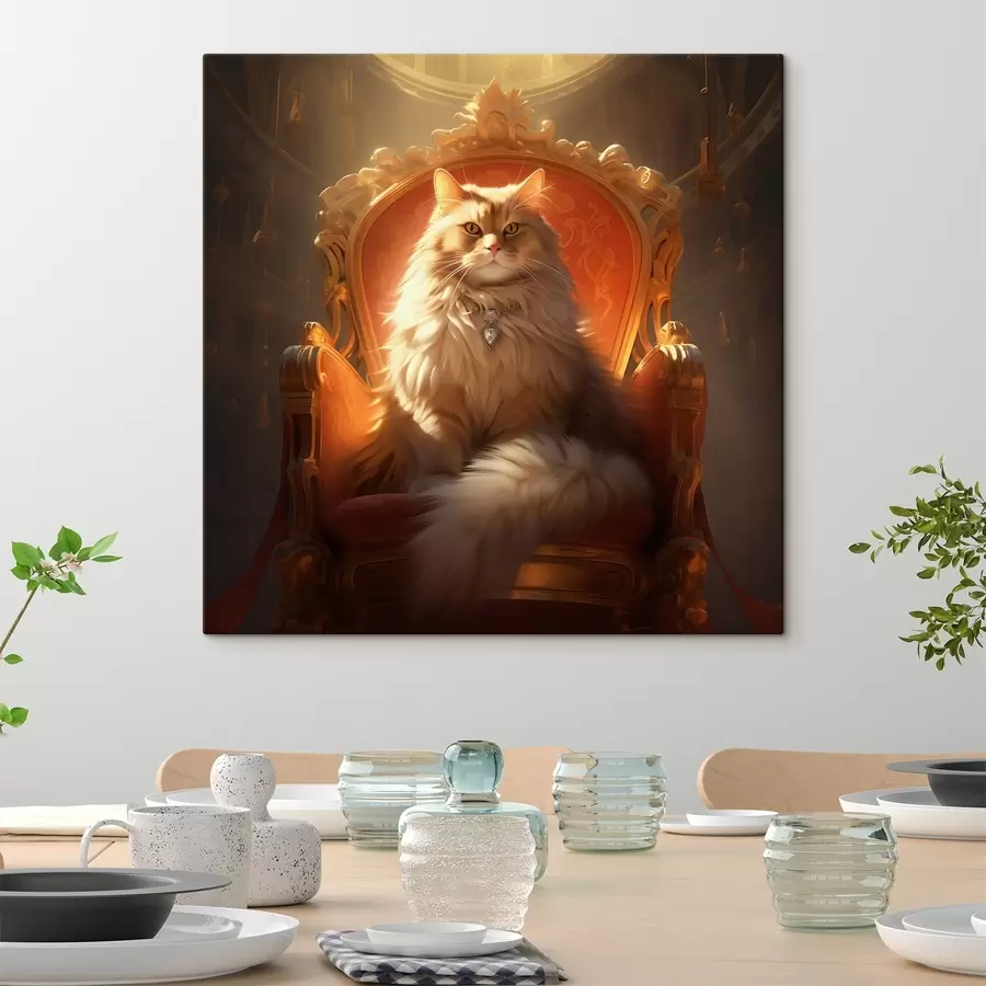 Glezna Karalisks kaķis ar dzintara acīm tronī baroka stila slavas staru gaismā s44250