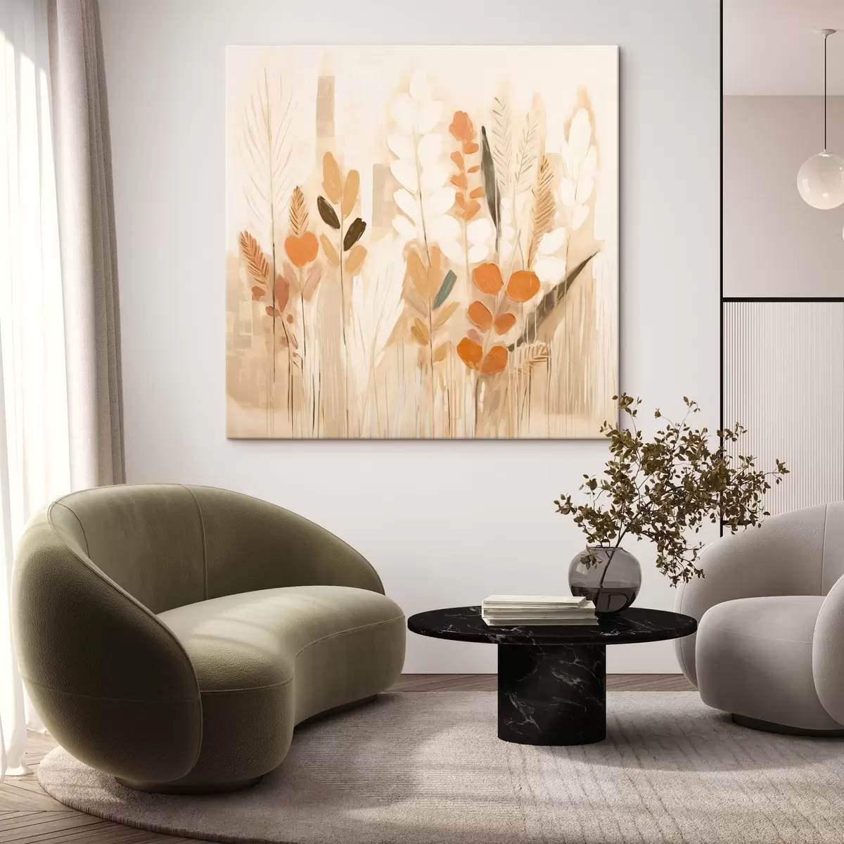 Glezna Silta abstrakcija ar lauka zālēm un ziediem bēša un oranžā krāsā jūgendstila stilā s44252