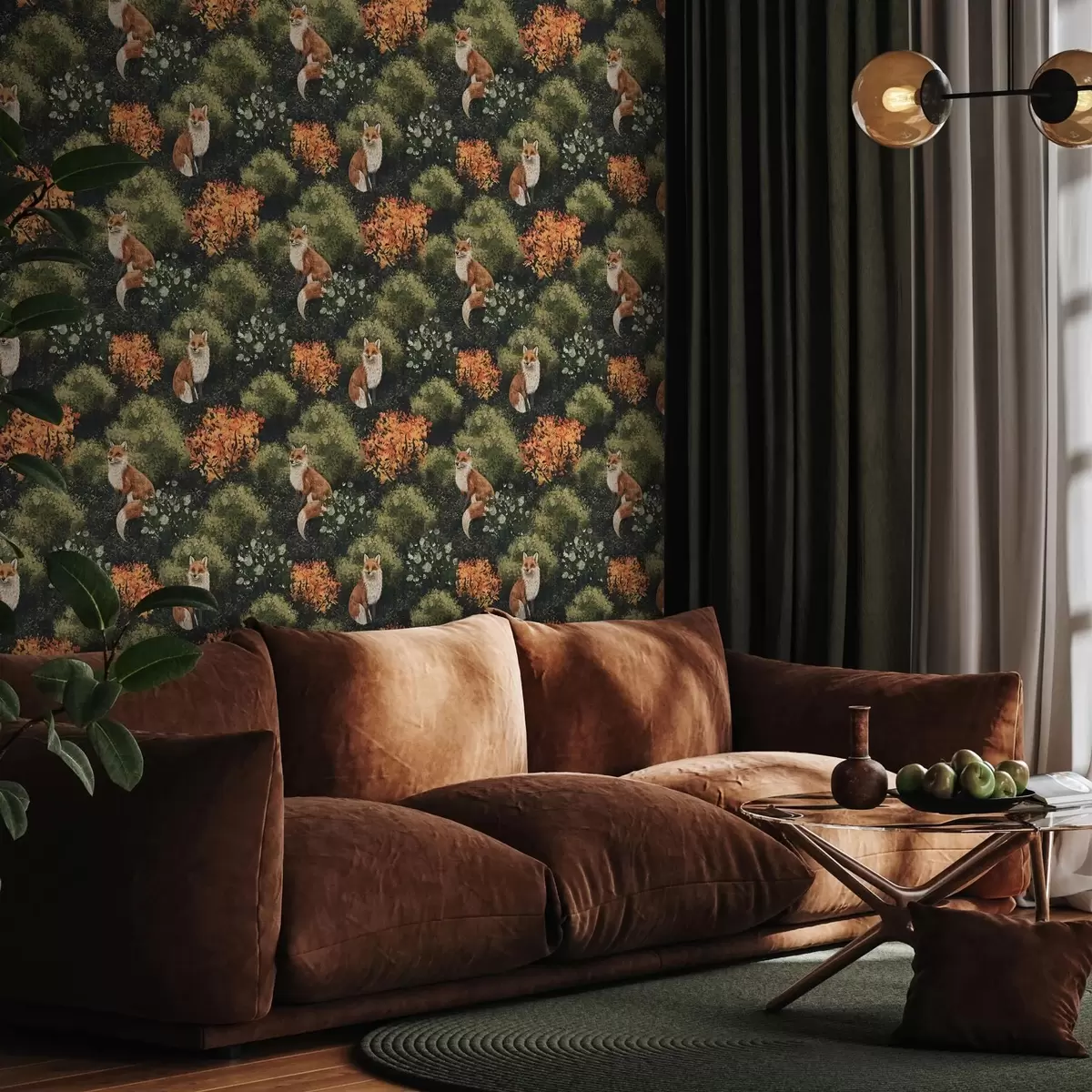 Tapetes Gailenes mežā ar rudens krūmiem uz tumša fona a00101