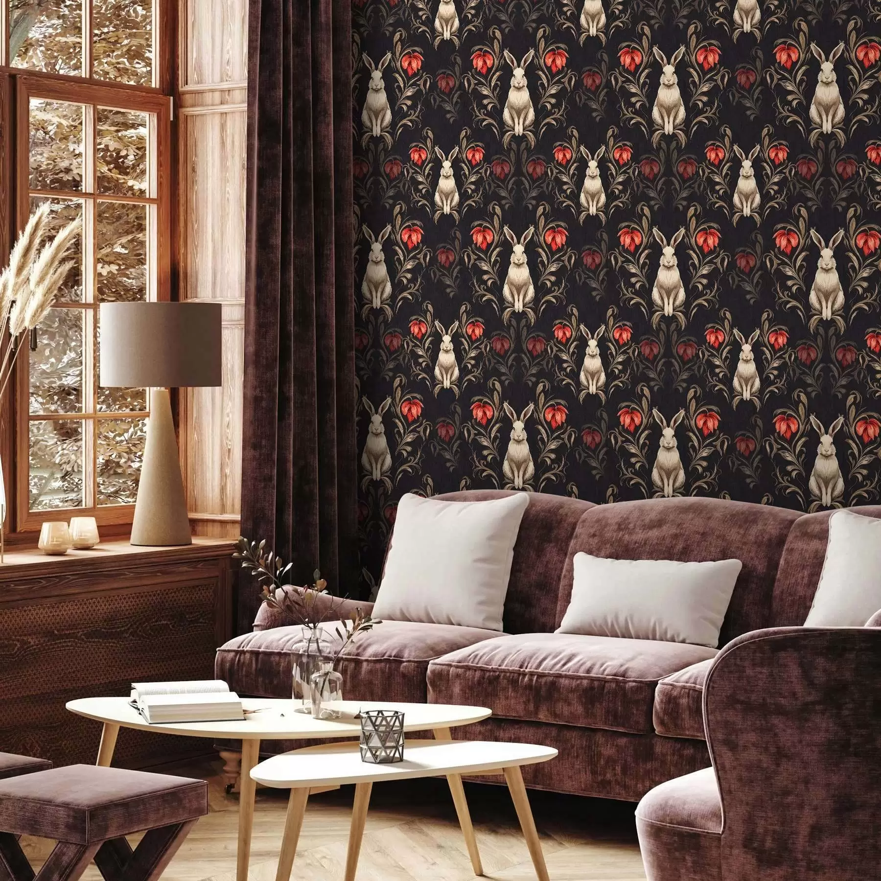 Fototapetes Zaķi un sarkani ziedi uz tumša fona a00102