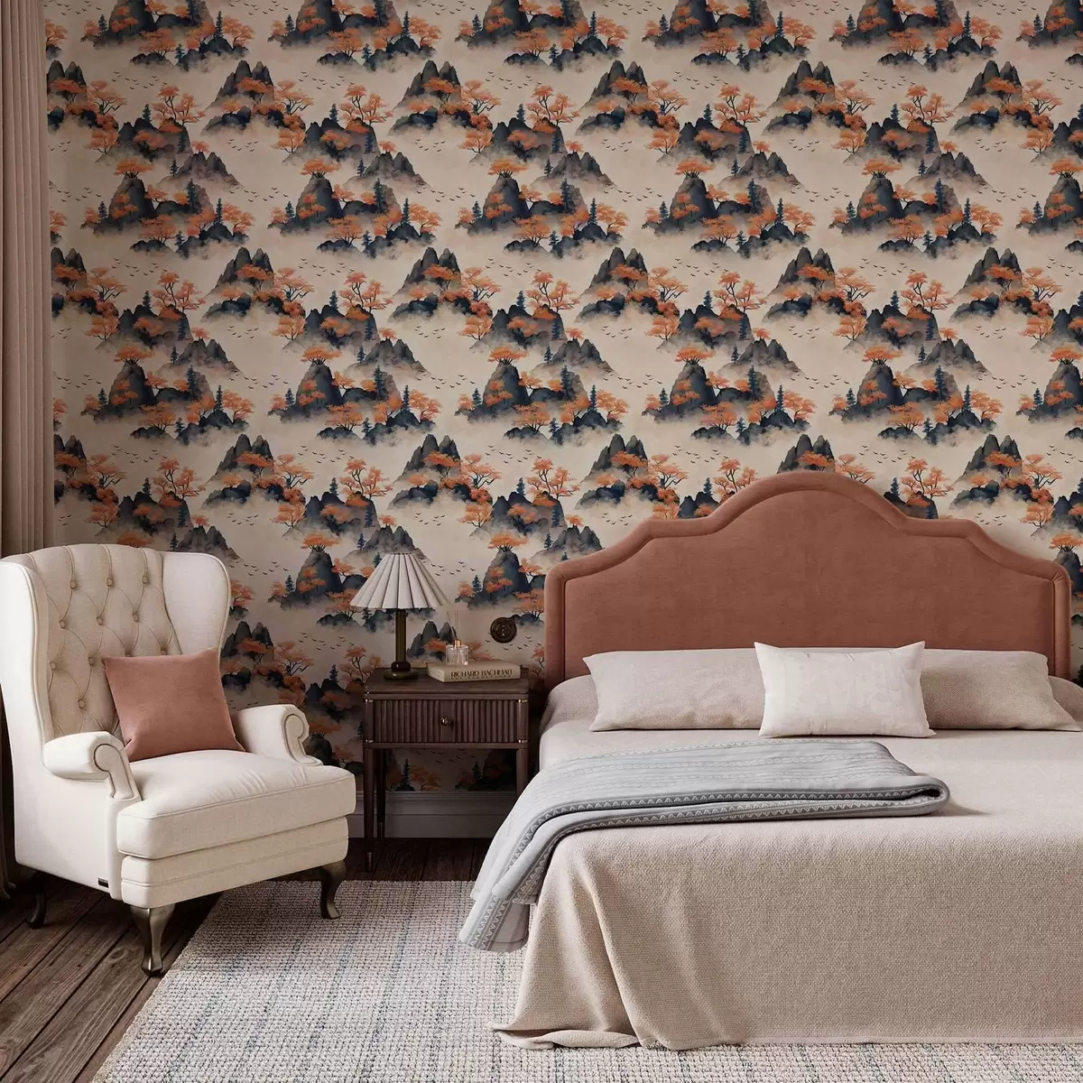 Tapetes Rudens kalni miglā ar oranžiem kokiem un putniem a00104