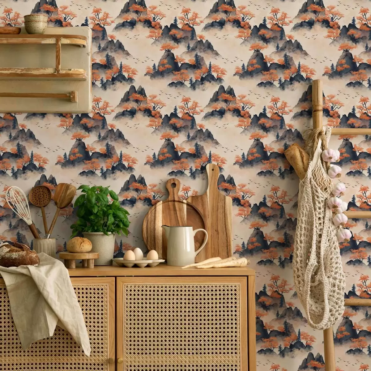 Tapetes Rudens kalni miglā ar oranžiem kokiem un putniem a00104
