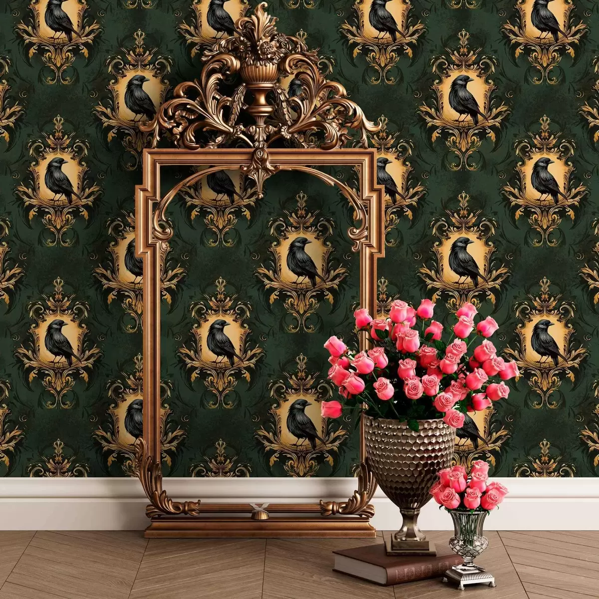 Tapetes Vārna rāmī uz zaļa fona a00105