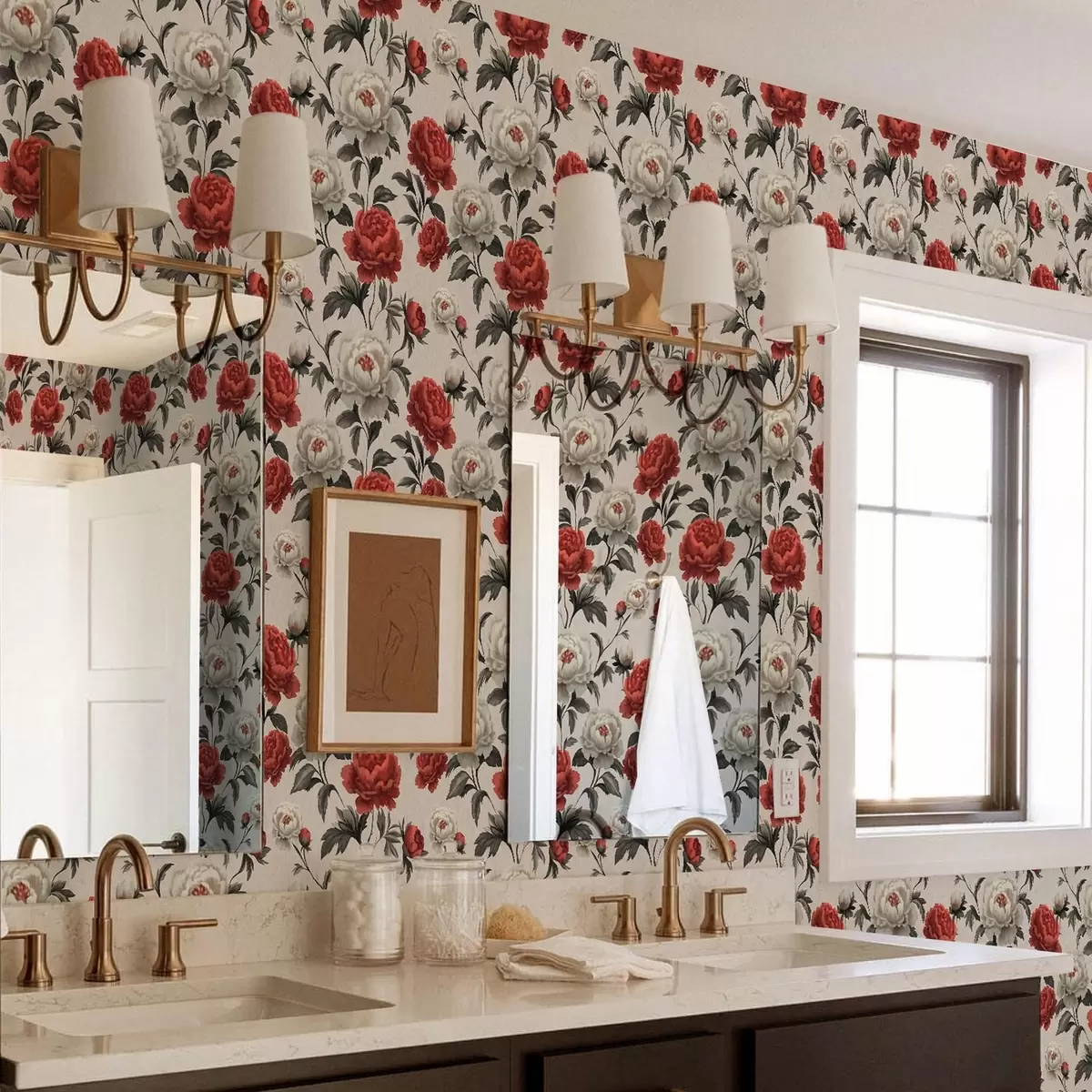 Tapetes Peonijas retro stilā uz bēša fona a00107