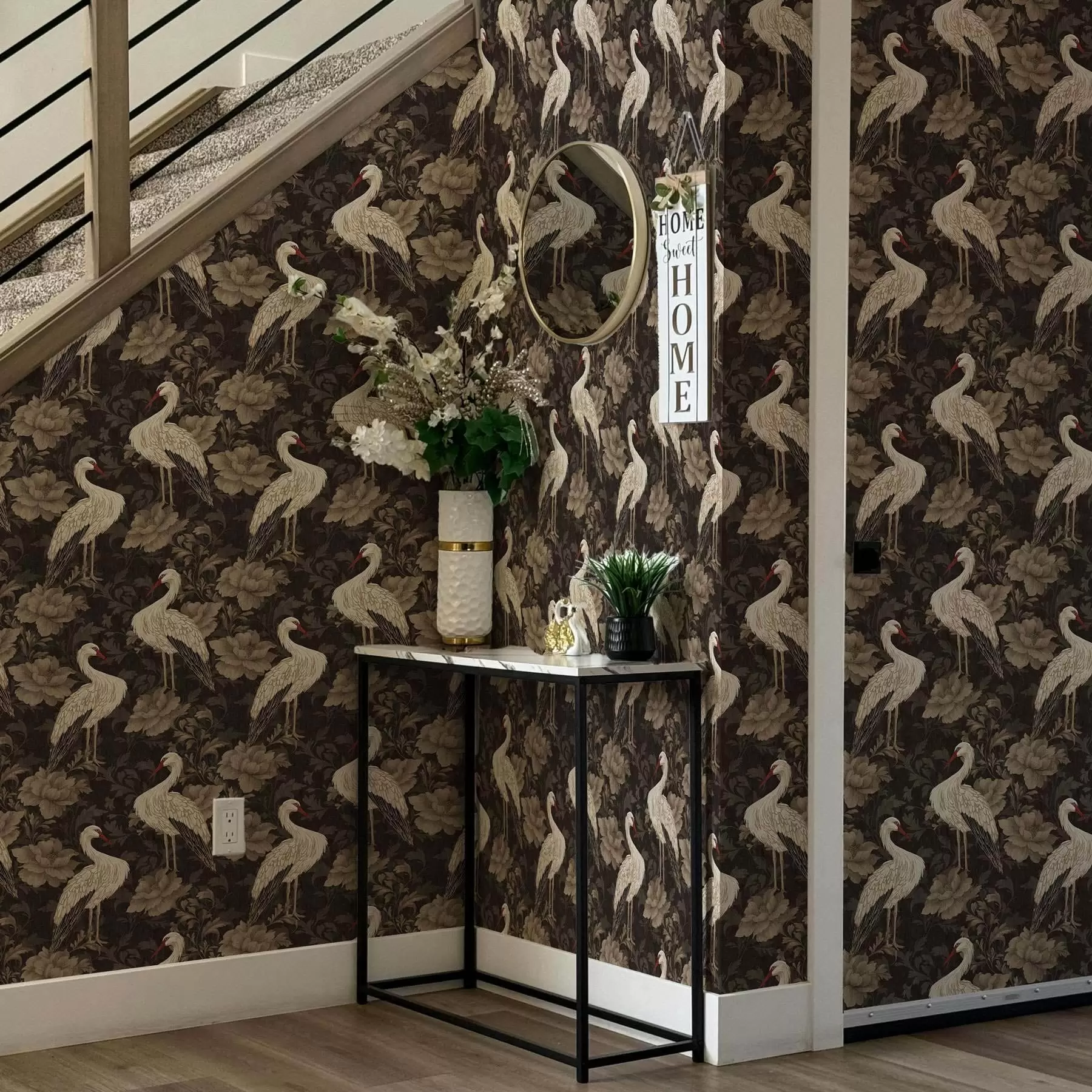 Fototapetes Dzērves starp lieliem ziediem klasiskā pasteļtoņu paletē a00108