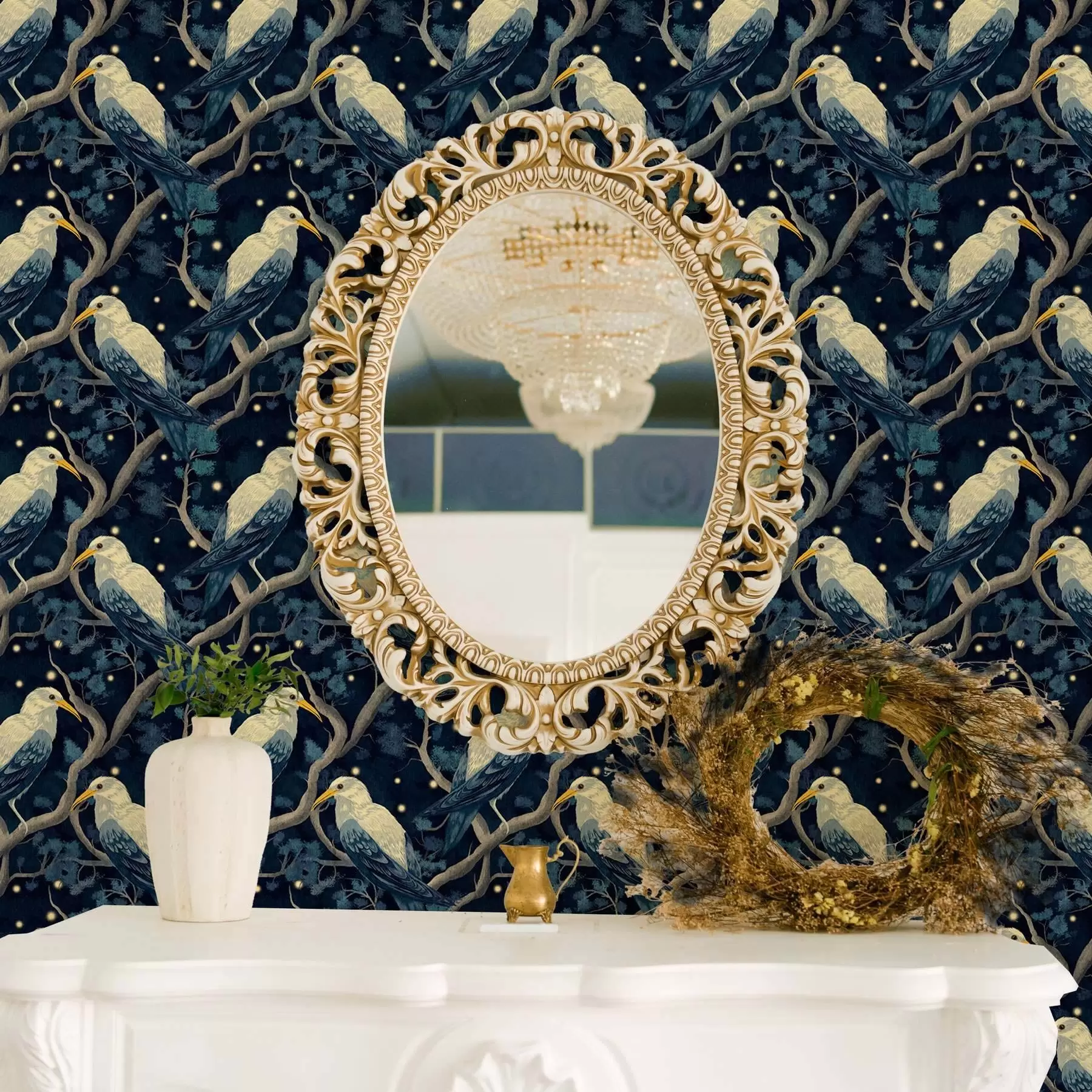 Fototapetes Balti putni uz zariem starp mirdzošām ugunsputniņām nakts mežā a00109