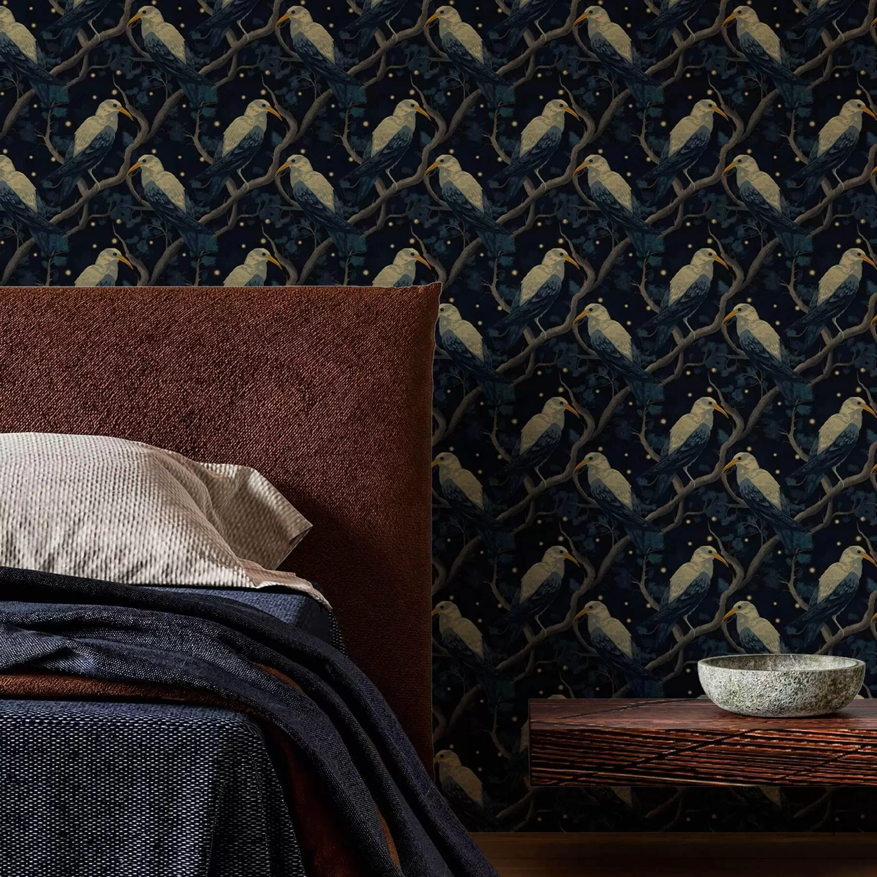 Fototapetes Nakts putni uz zariem un zvaigznēm uz tumši zila fona a00109v1