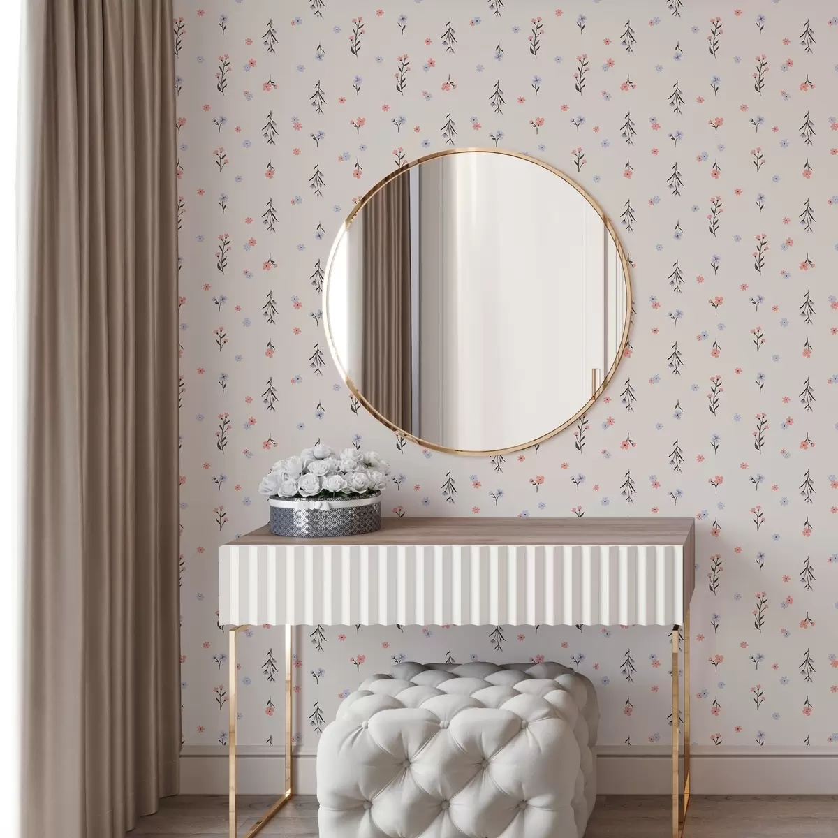 Tapetes Nelieli ziedi gaiši rozā un zilos toņos uz krēmkrāsas fona a00110
