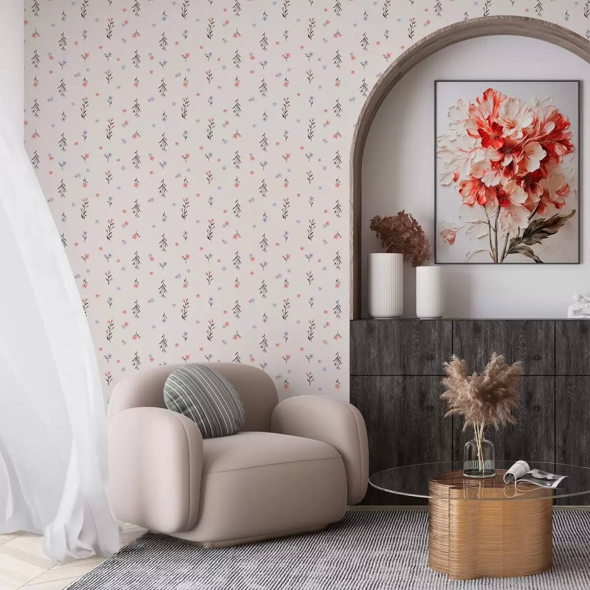 Tapetes Nelieli ziedi gaiši rozā un zilos toņos uz krēmkrāsas fona a00110