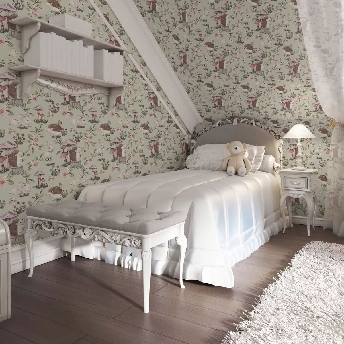 Tapetes Pasaku dzīvnieki un ziedi uz zaļa fona maigās pasteļkrāsāsās a00111v1