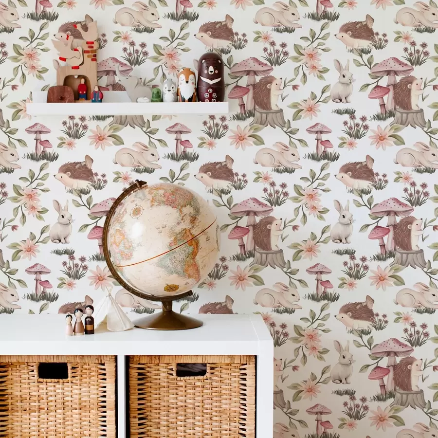 Fototapetes Eži un truši uz balta fona ar maigiem ziediem un sēnēm a00111v2