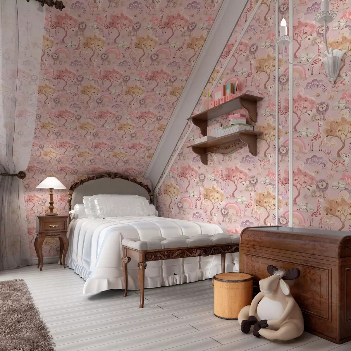 Tapetes Lauvu mazuļi, žirafes un varavīksnes pasteļmežā a00112