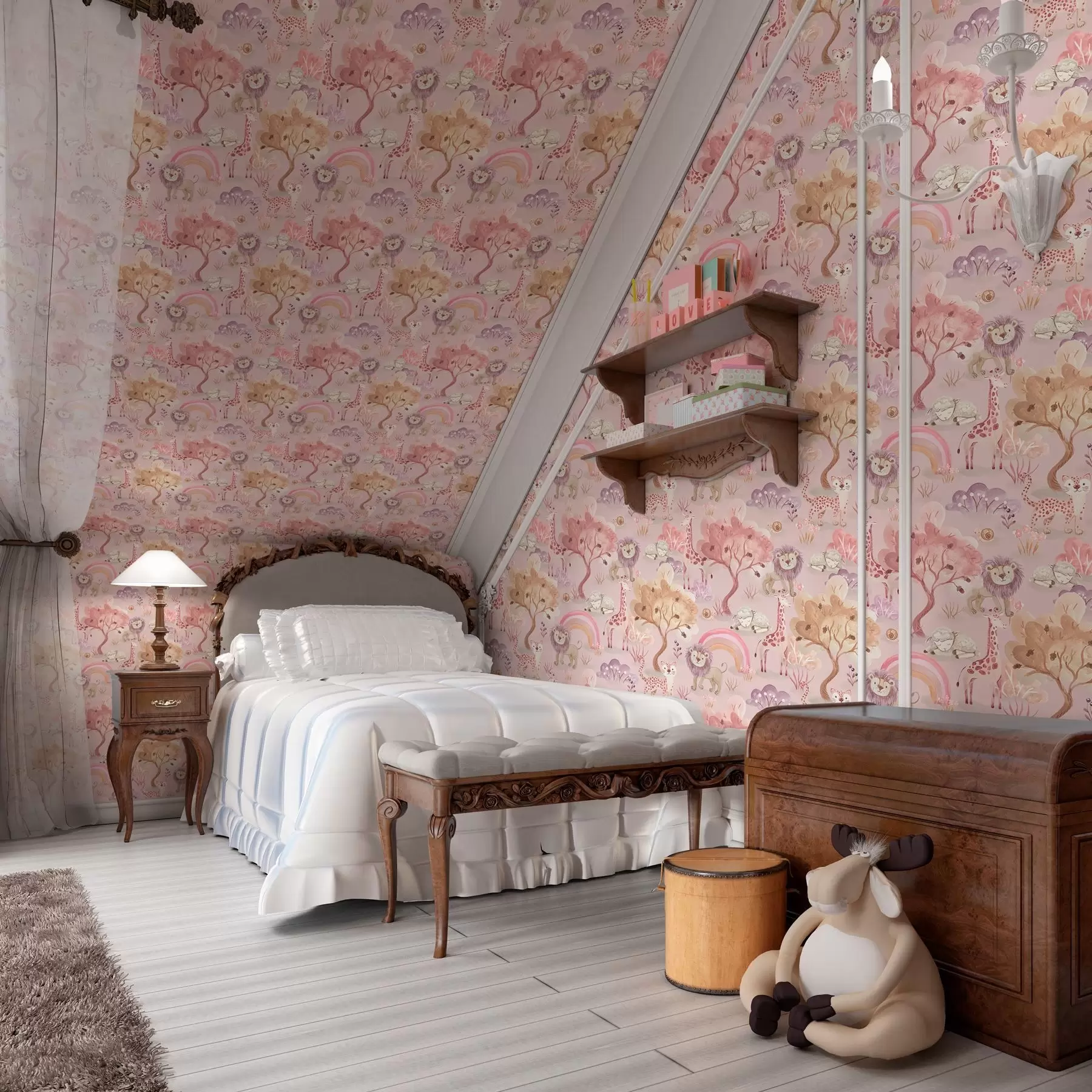 Fototapetes Lauvu mazuļi, žirafes un varavīksnes pasteļmežā a00112