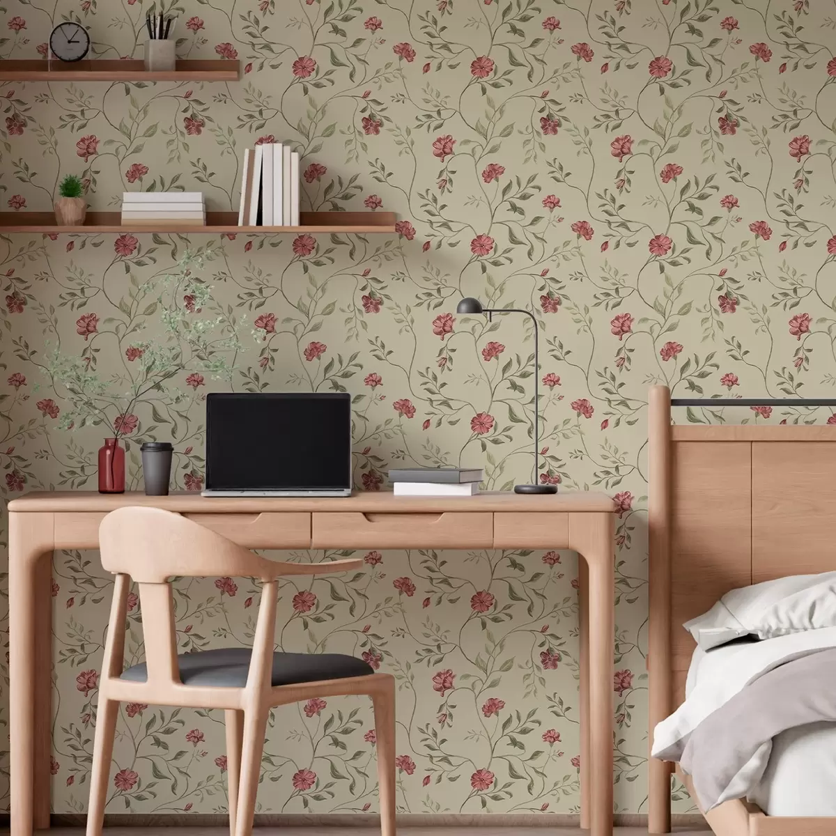 Tapetes Ziedi un sarkani pumpuri uz gaiša fona a00114